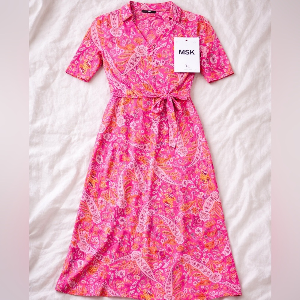 MSK Paisley Midi Dress XL NWT Fuchsia Pink Mango Boho Floral Vacation Casual - Picture 4 of 7